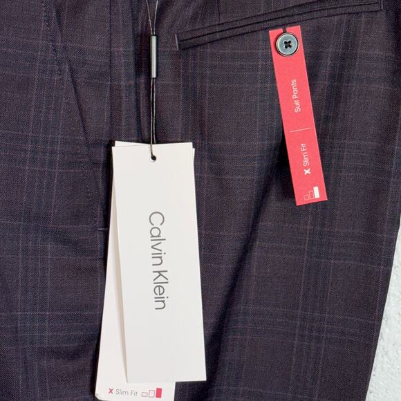 Calvin Klein Men's Slim Wool-Blend Stretch Plaid Suit Pant navy/burg 34X34 $200 - Picture 3 of 9